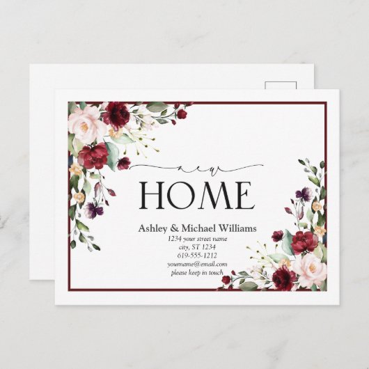 Bourgondië Nieuwe Home Script Verhuisaankondiging Aankondigingskaart (Voorkant / Achterkant)