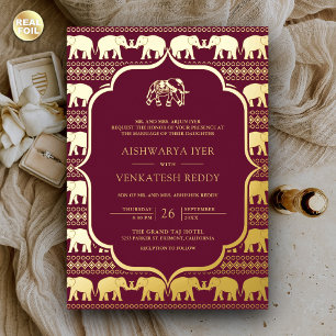 Bourgondië Olifant India Foto Trouw Goud Folie Uitnodiging