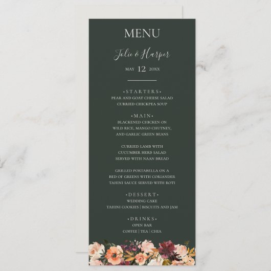 Bourgondië Oranje Bloemendecor | Groene Trouw Dinn Menu (Voorkant / Achterkant)