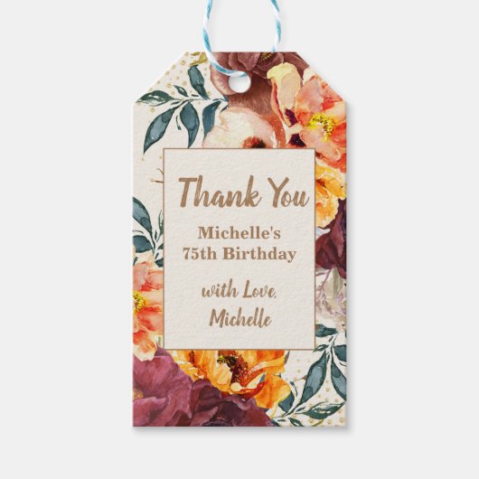 Bourgondië Oranje Bloemengoud Glitter 75e Verjaard Cadeaulabel (Voorkant)