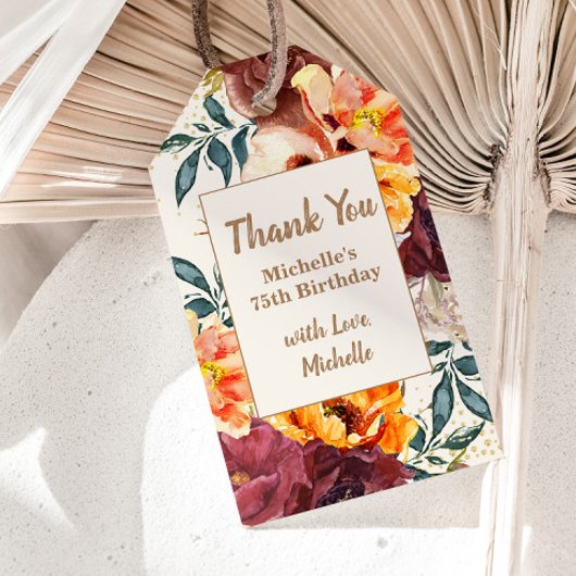 Bourgondië Oranje Bloemengoud Glitter 75e Verjaard Cadeaulabel