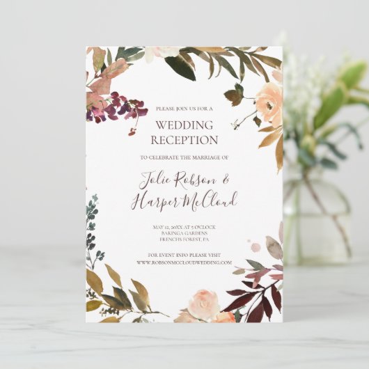 Bourgondië Oranje Bloemige Trouwreceptie Kaart (Staand voorkant)