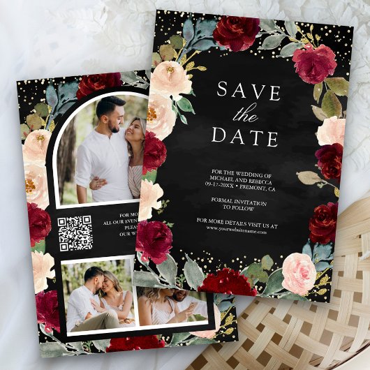 Bourgondië Perzik Bloem Foto Zwarte QR Code Trouwd Save The Date