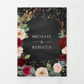 Bourgondië Perzik Bloem QR Code Zwarte Trouwdag Drieluik Uitnodiging (Cover)