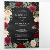 Bourgondië Perzik Bloem QR Code Zwarte Trouwdag Drieluik Uitnodiging (Binnenzijde eerst)