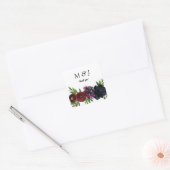 Bourgondië Plum Navy Floral Monogram Dank u Vierkante Sticker (Envelop)