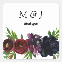Bourgondië Plum Navy Floral Monogram Dank u Vierkante Sticker