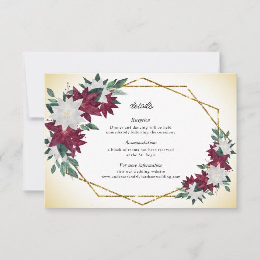 Bourgondië Poinsettias Kerstmis Bruiloft Details RSVP Kaartje (Voorkant)