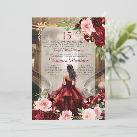 Bourgondië Prinses Paleis Jurk Roze Bloemen 15 Año Kaart (Staand voorkant)