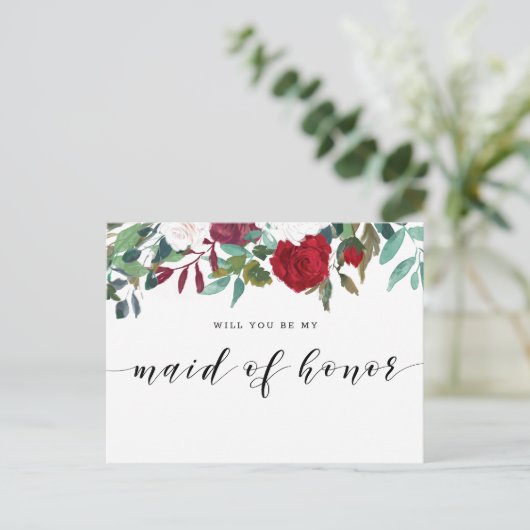 Bourgondië Red Blooms zal je mijn bruidsmeisje zij Uitnodiging Briefkaart (Staand voorkant)
