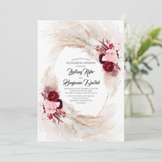 Bourgondië Rode Bloemen Pampas Gras repetitie dine Kaart (Staand voorkant)