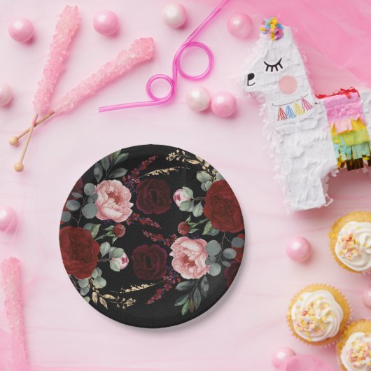 Bourgondië rode bloemen zwart moderne herfst bruil papieren bordje (Feest)