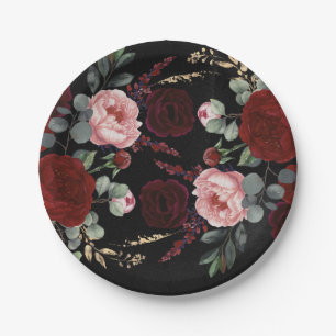 Bourgondië rode bloemen zwart moderne herfst bruil papieren bordje