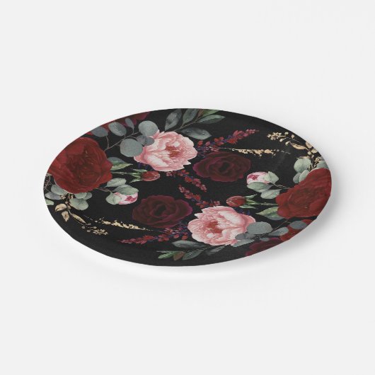 Bourgondië rode bloemen zwart moderne herfst bruil papieren bordje (Gekanteld)