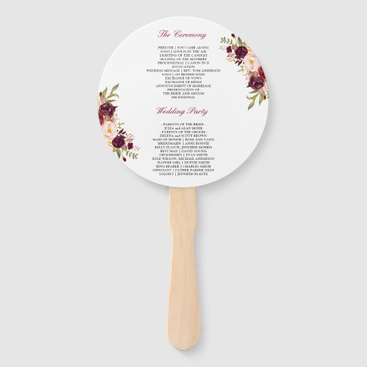 Bourgondië Rode Bloemige Huidige Trouwprogramma Handwaaier (Achterkant)