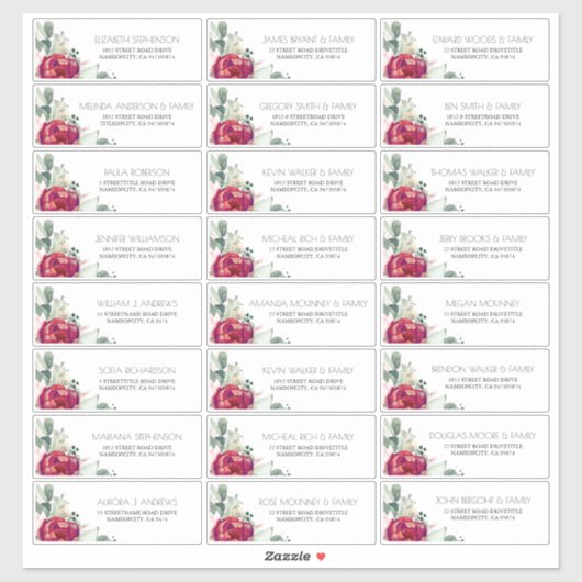 Bourgondië Rode en Blush Gastennamen Adresetikette Sticker (Vel)