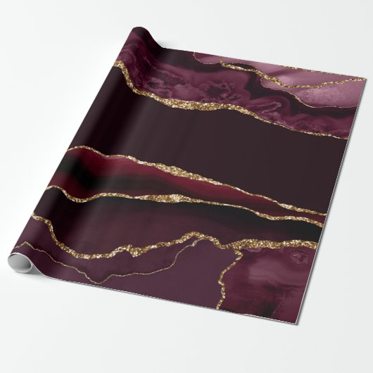 Bourgondie Rood Agate Nep Goud Glitter Cadeaupapier (Uitgerold)