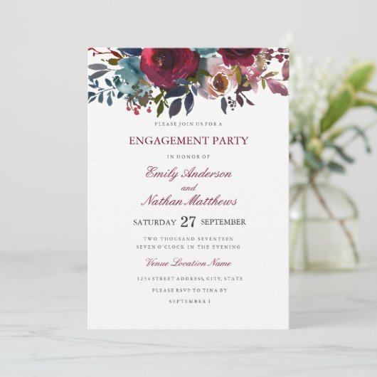 Bourgondie Rood Aquarel Trouw Verlovingsfeest Kaart (Staand voorkant)