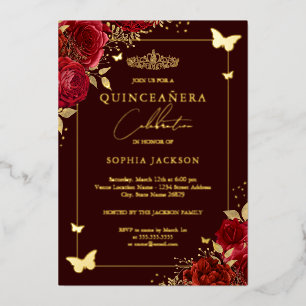 Bourgondie Rood Bloem Butterfly Tiara Quinceanera Folie Uitnodiging