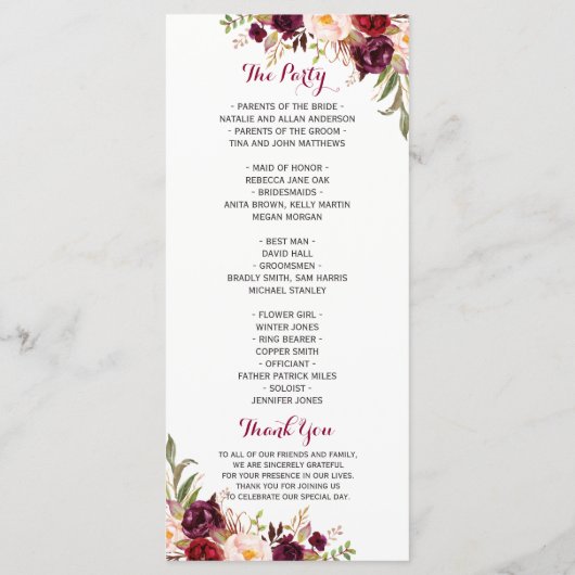 Bourgondië rood bloemenbruiloft programma programmakaart (Achterkant)