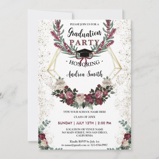 Bourgondië rood bloemengoud glitter afstudeerfeest kaart (Voorkant)