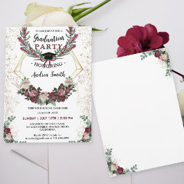 Bourgondië rood bloemengoud glitter afstudeerfeest kaart