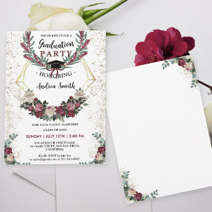 Bourgondië rood bloemengoud glitter afstudeerfeest kaart