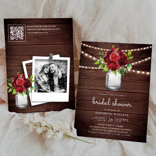 Bourgondië Rood Bloemmotief Houten QR Code Bruidsu Kaart