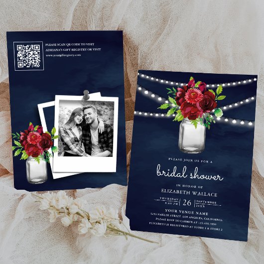 Bourgondie Rood Bloemmotief Marine QR Code Bruidsu Kaart