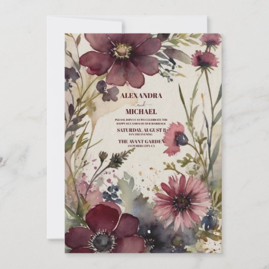 Bourgondië rood blos groen bruiloft kaart (Voorkant)