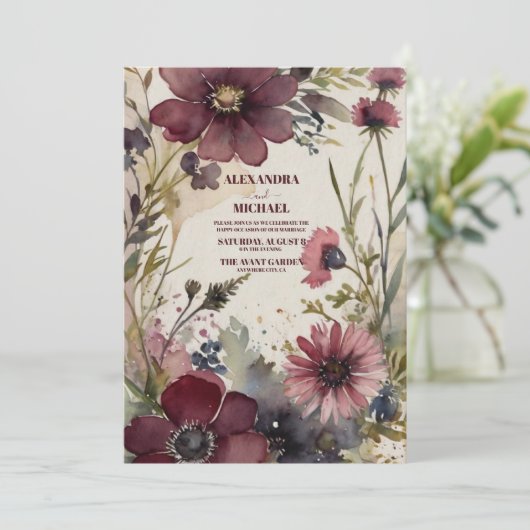 Bourgondië rood blos groen bruiloft kaart (Staand voorkant)