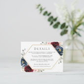 Bourgondië rood blush blauw bloemenbruiloft detail informatiekaartje (Staand voorkant)