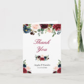 Bourgondië rood blush blauw bloemig dank u bedankkaart (Voorkant)