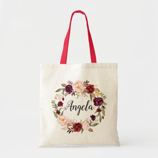 Bourgondië rood blush bloemenkrans bruidsmeisje tote bag (Voorkant)