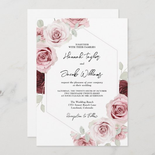 Bourgondië Rood Blush Roze Bloem Bruiloft Kaart (Voorkant / Achterkant)