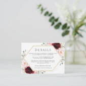 Bourgondië rood blush roze bloemenbruiloft details informatiekaartje (Staand voorkant)