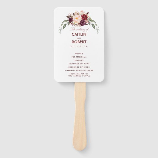 Bourgondië rood Elegant Bloemen bruiloft programma Handwaaier (Voorkant)