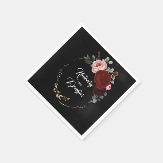 Bourgondië rood en zwart bloemenbruiloft servet (Hoek)