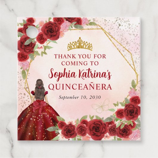 Bourgondië Rood Goud Bloemen Prinses Tiara Dank u Bedankjes Labels (Voorkant)