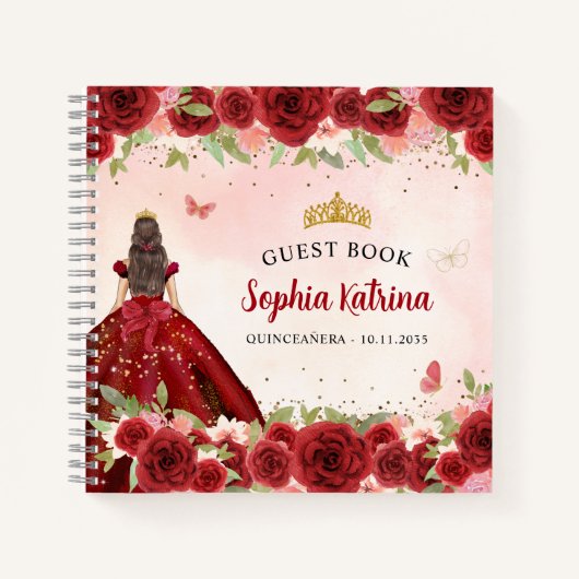 Bourgondië Rood Goud Bloemen Quinceañera Gastenboe Notitieboek (Voorkant)