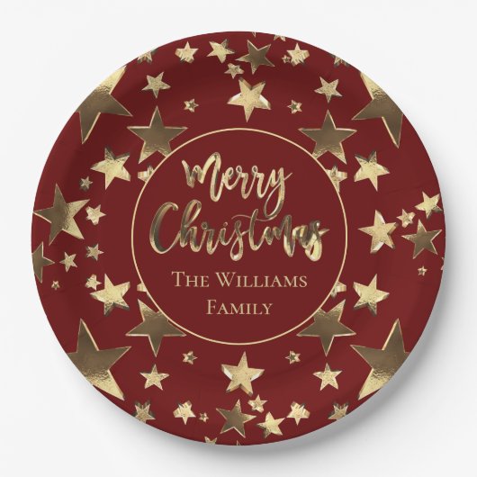 Bourgondië Rood Goud Vrolijk Kerststerren Elegant Papieren Bordje (Voorkant)