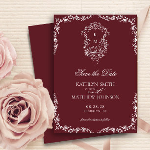 Bourgondië rood monogram bloemige kuif bruiloft save the date