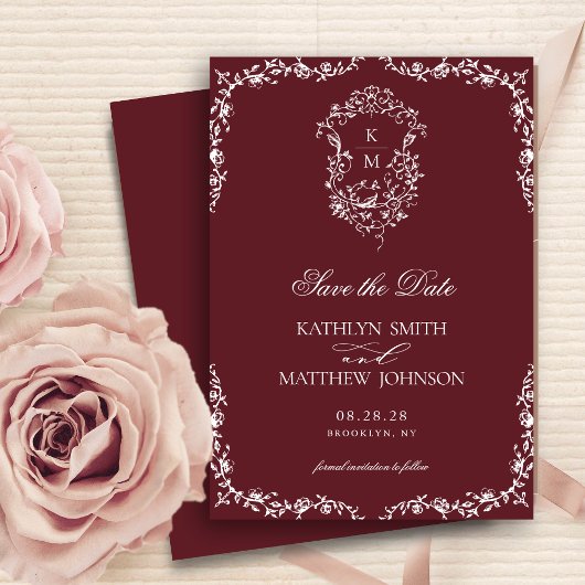 Bourgondië rood monogram bloemige  kuif bruiloft save the date