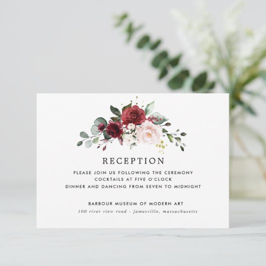 Bourgondië Rood Roze Bloemen Rustieke Bruiloft Rec Informatiekaartje (Staand voorkant)