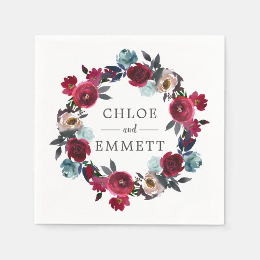 Bourgondië rood roze bloemige aangepaste bruiloft servet (Voorkant)