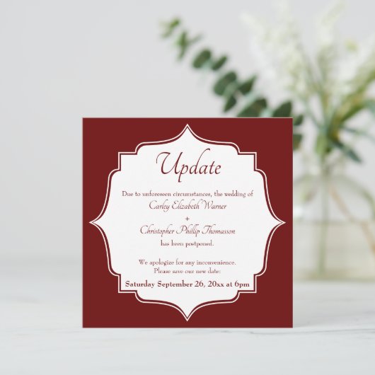 Bourgondië rood uitgesteld bruiloft update aankond kaart (Staand voorkant)
