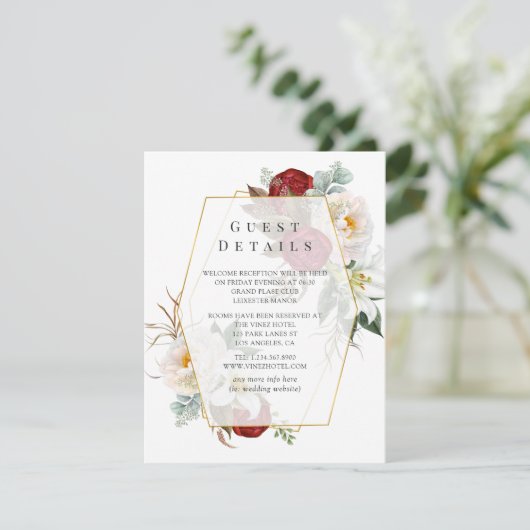Bourgondië Rood & Wit Bloemen Bruiloft Gast Detail Informatiekaartje (Staand voorkant)