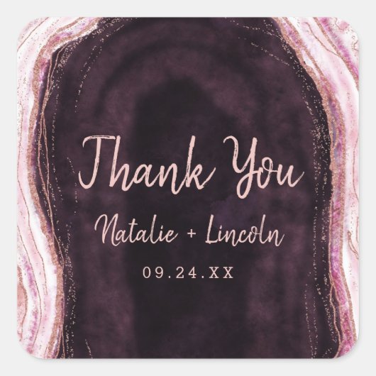 Bourgondië & Roos Gold Geode Agaat Bruiloft Dank u Vierkante Sticker (Voorkant)