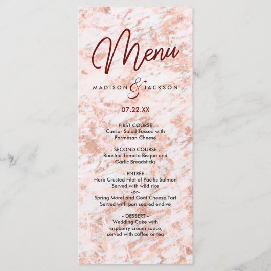 Bourgondië & Roos Goud Marmerde Modern Wedding Men Menu (Voorkant)