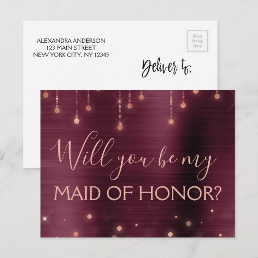 Bourgondië Roos Gouden Sparkle Maid of Honor Uitnodiging Briefkaart (Voorkant / Achterkant)